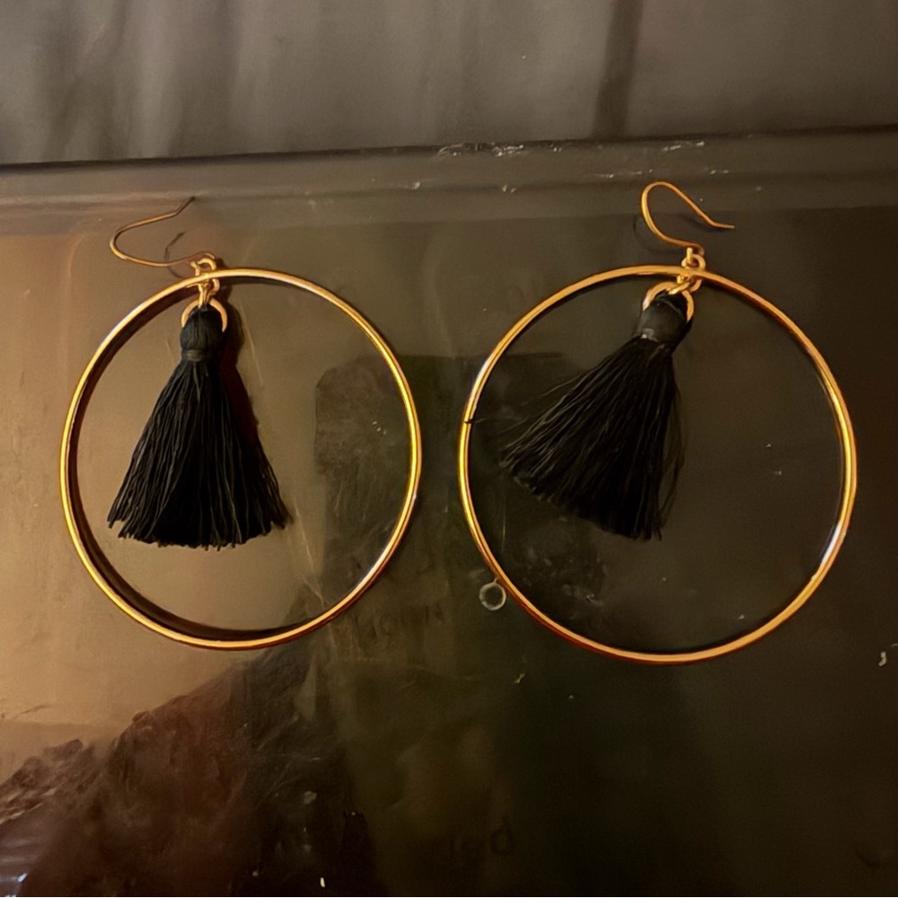 J Crew Gold Hoop Earrings with Black Tassels